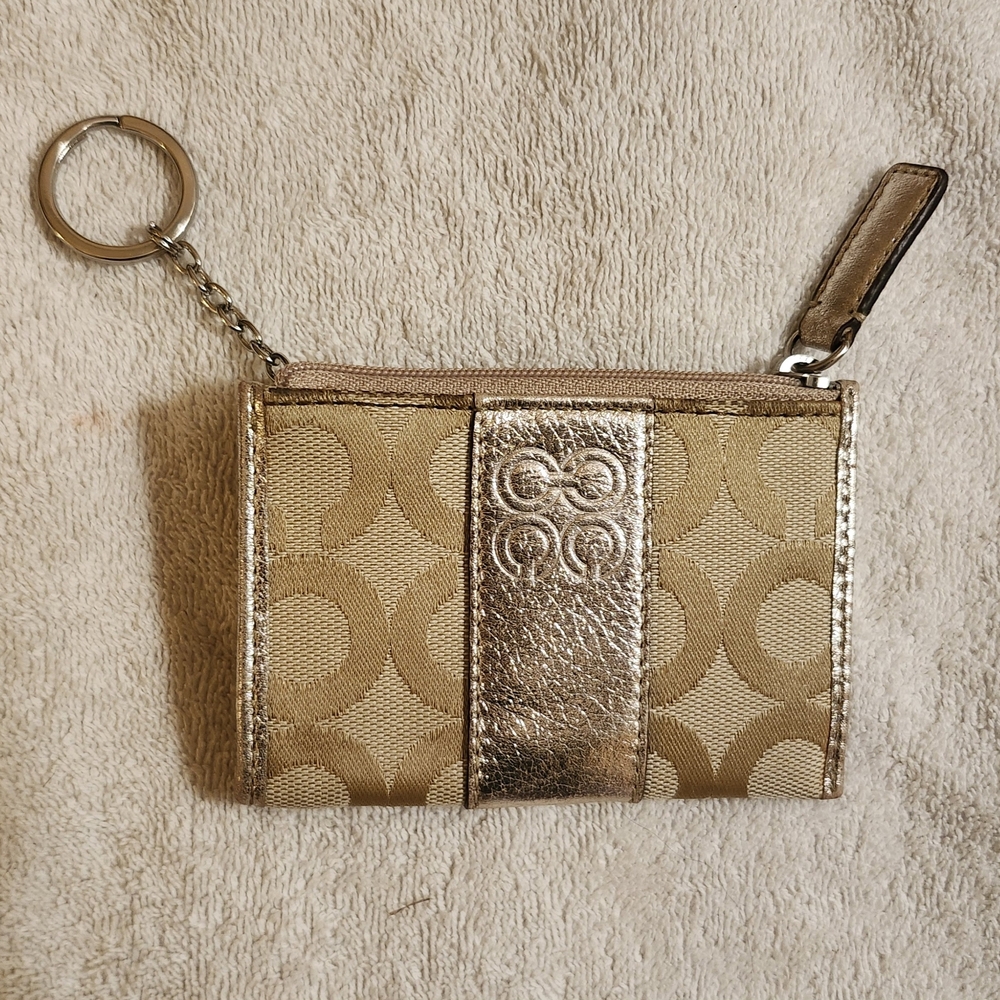 EUC Authentic Coach Vintage Champagne and Tan Monogram Skinny Mini Zip Wallet